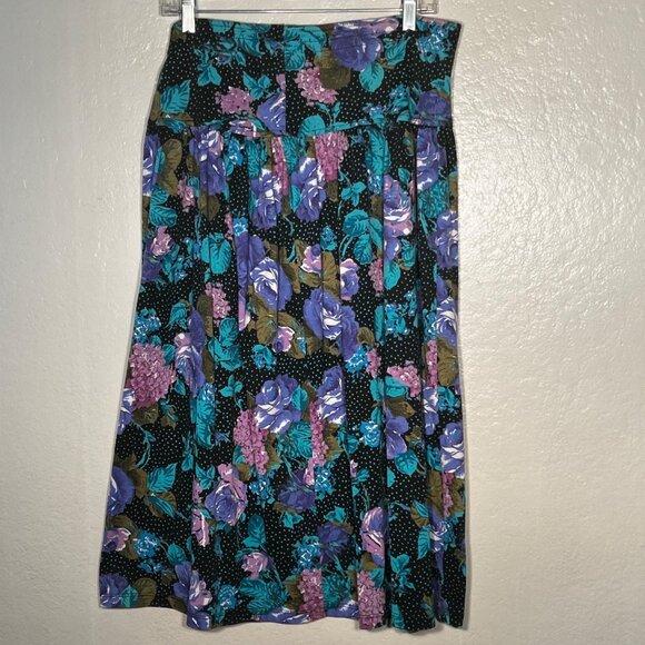 Fritzi Medium Black With Purple & Teal Rose Vintage Floral Midi Skirt U.S.A. Off - Picture 5 of 13